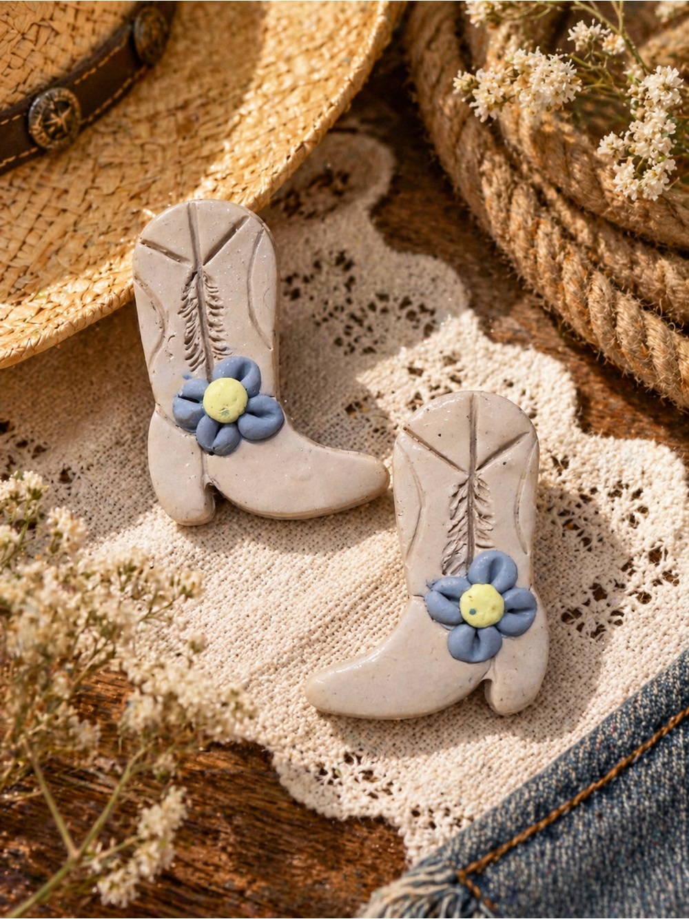 Cowgirl Boot Camp Handmade Polymer Clay Earrings with Blue Flower